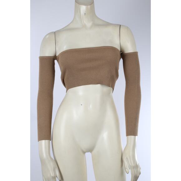 Meshki Tops - Meshki Brown Off Shoulder Ribbed Cropped Top Women’s Size XS Stretch Knit Cute